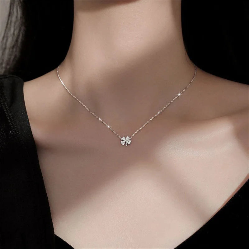 Four-Leaf Clover Luck Leaves Sweater Chokers Necklace Crystal Zircon Pendant Chain Necklace for Women Jewelry